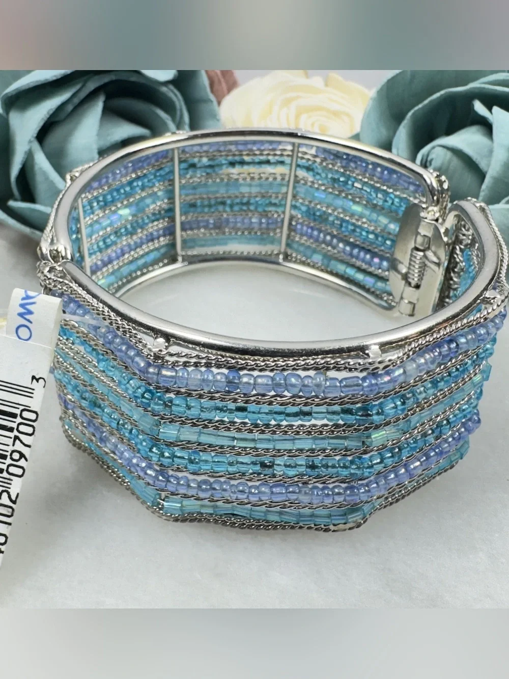 Silver-Tone Multi-Row Blue Beaded Cuff Bracelet